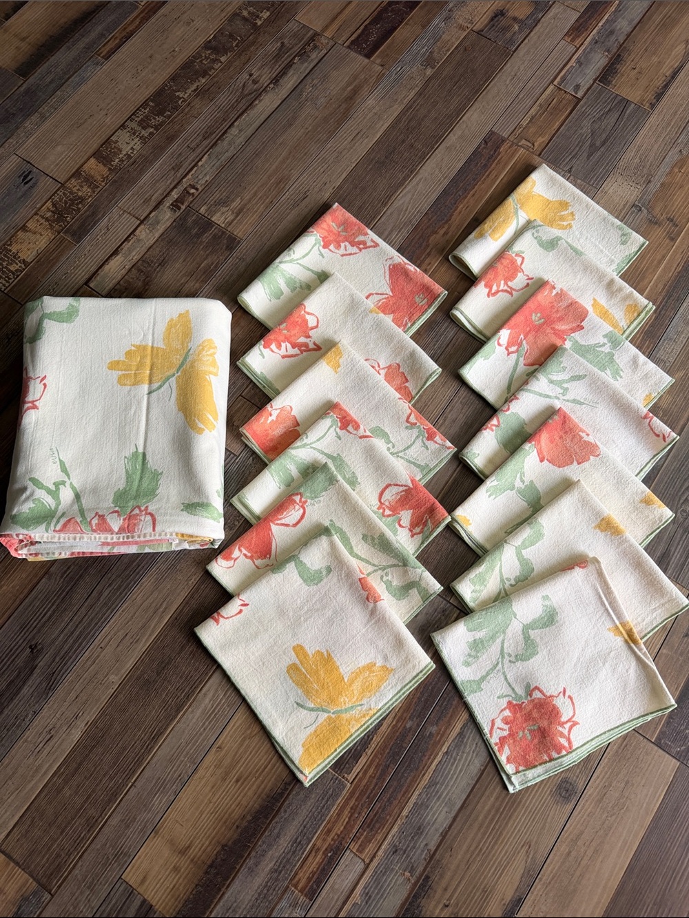 Vtg Vera Neumann floral and butterfly tablecloth and 13 matching napkins